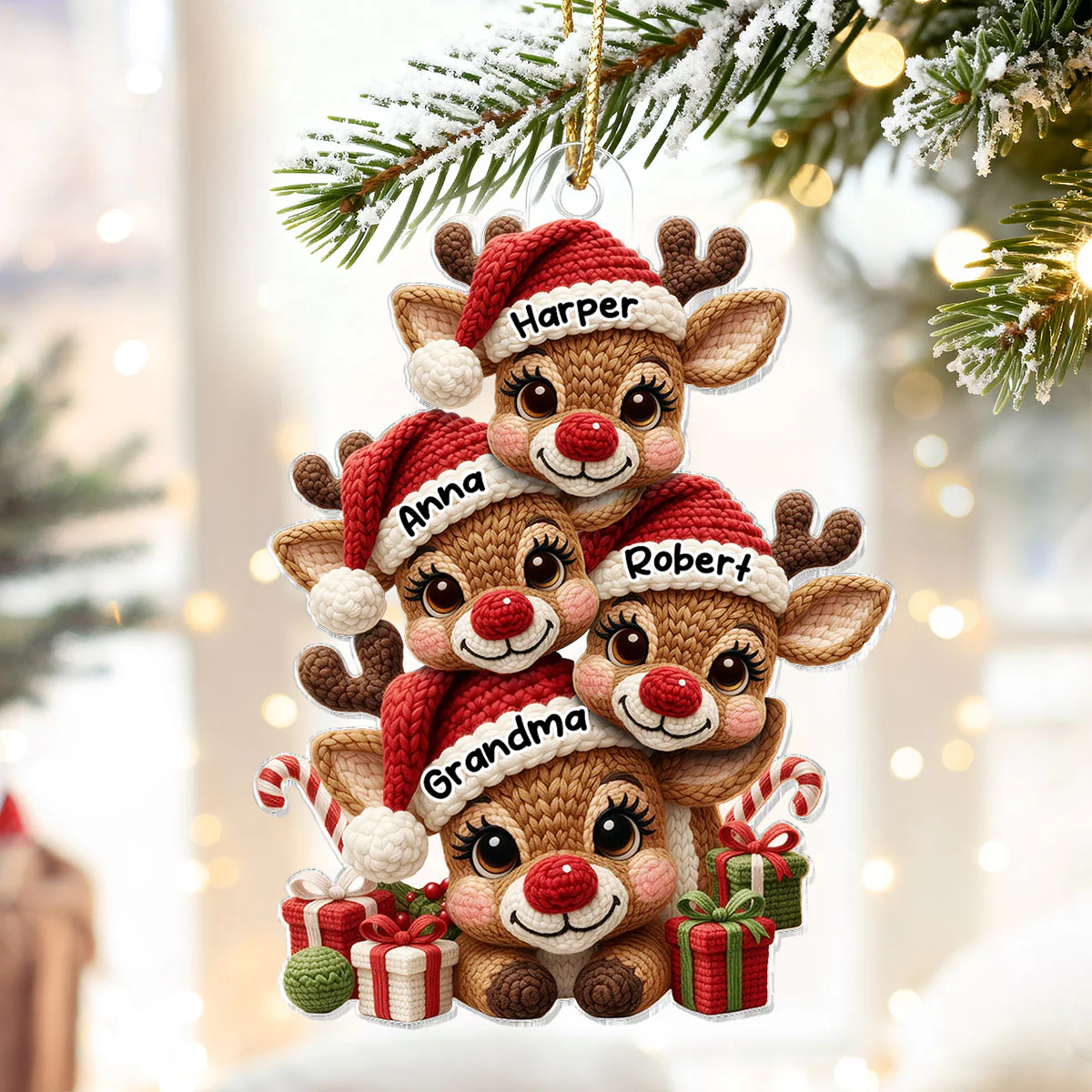 3D Effect Faux Yarn Grandma & Grandkids Reindeer Christmas - Personalized Acrylic Ornament - Gift for Grandma, Grandkids - Image 12