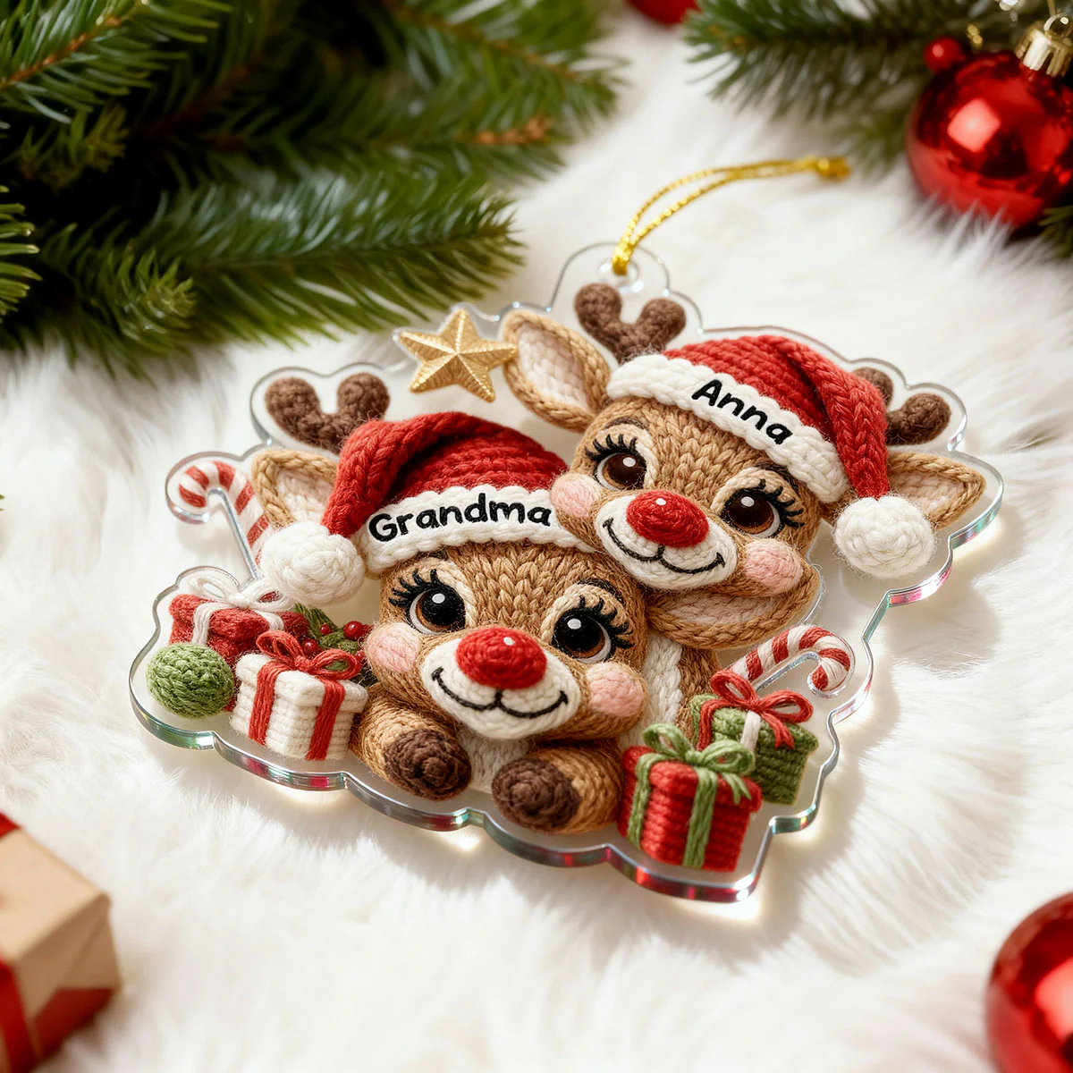 3D Effect Faux Yarn Grandma & Grandkids Reindeer Christmas - Personalized Acrylic Ornament - Gift for Grandma, Grandkids - Image 13
