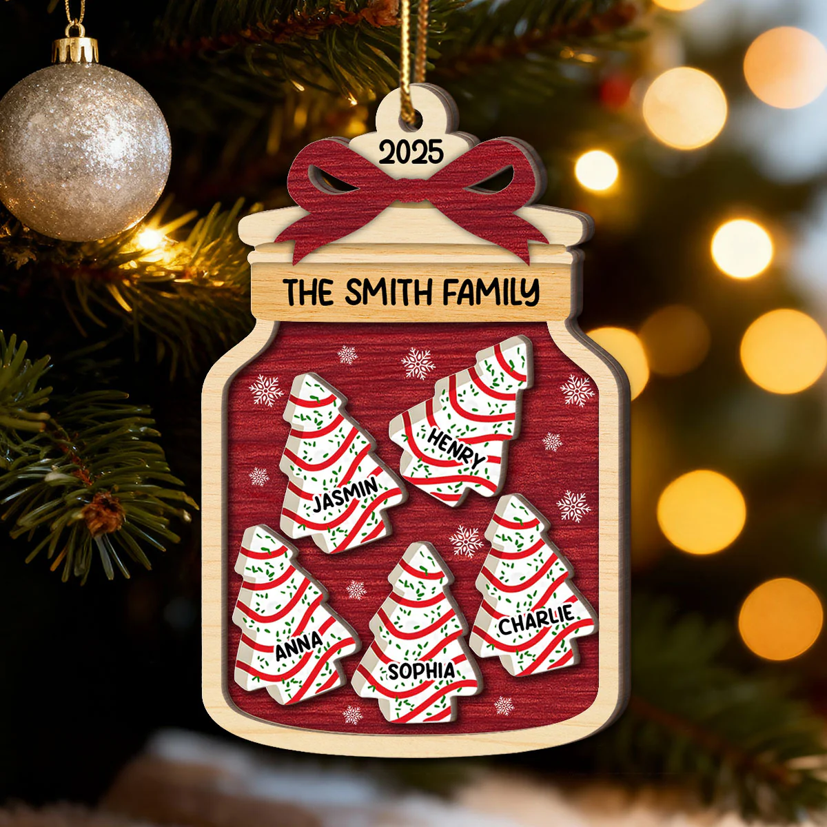 3D Effect Festive Christmas Family Mason Jar Christmas Tree Cakes - Personalized 2-Layered Wooden Ornament - Image 11