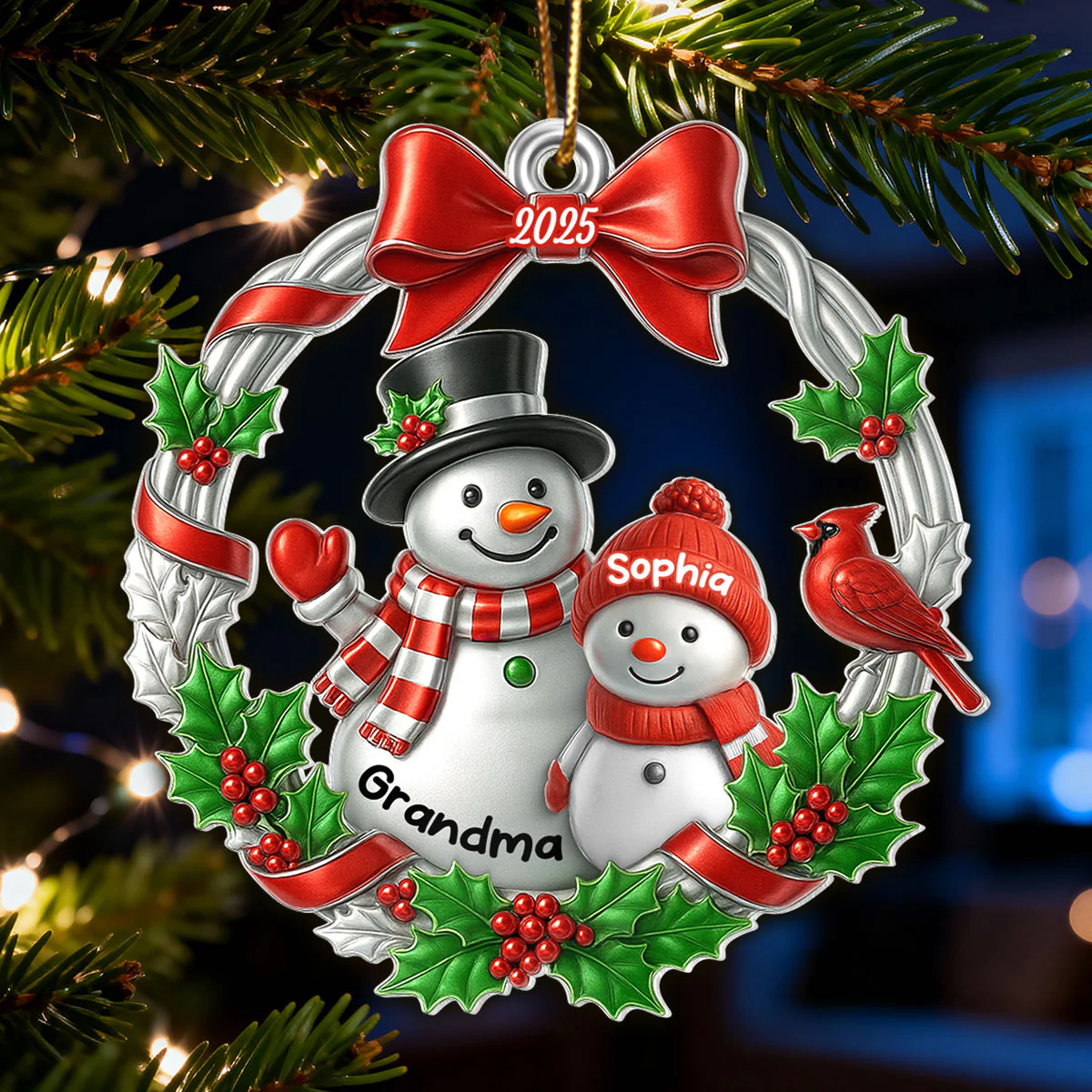3D Metallic Effect Snowman Grandma Grandkid - Personalized Acrylic Ornament - Christmas Gift for Grandma - Image 3