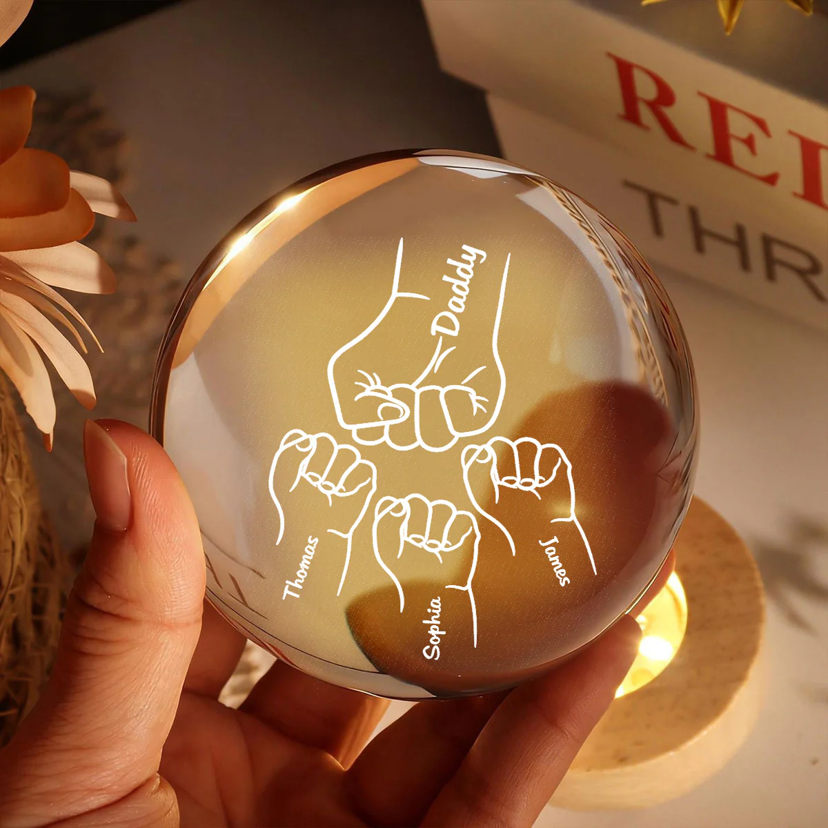 Dad Grandpa Fist Bump Custom Kids Names - Personalized Crystal Ball LED Night Light - Gift For Dad, Grandpa - Image 6
