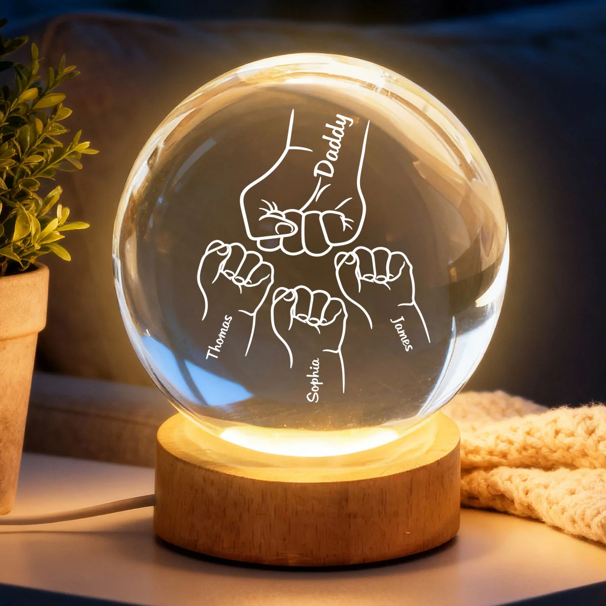 Dad Grandpa Fist Bump Custom Kids Names - Personalized Crystal Ball LED Night Light - Gift For Dad, Grandpa - Image 9