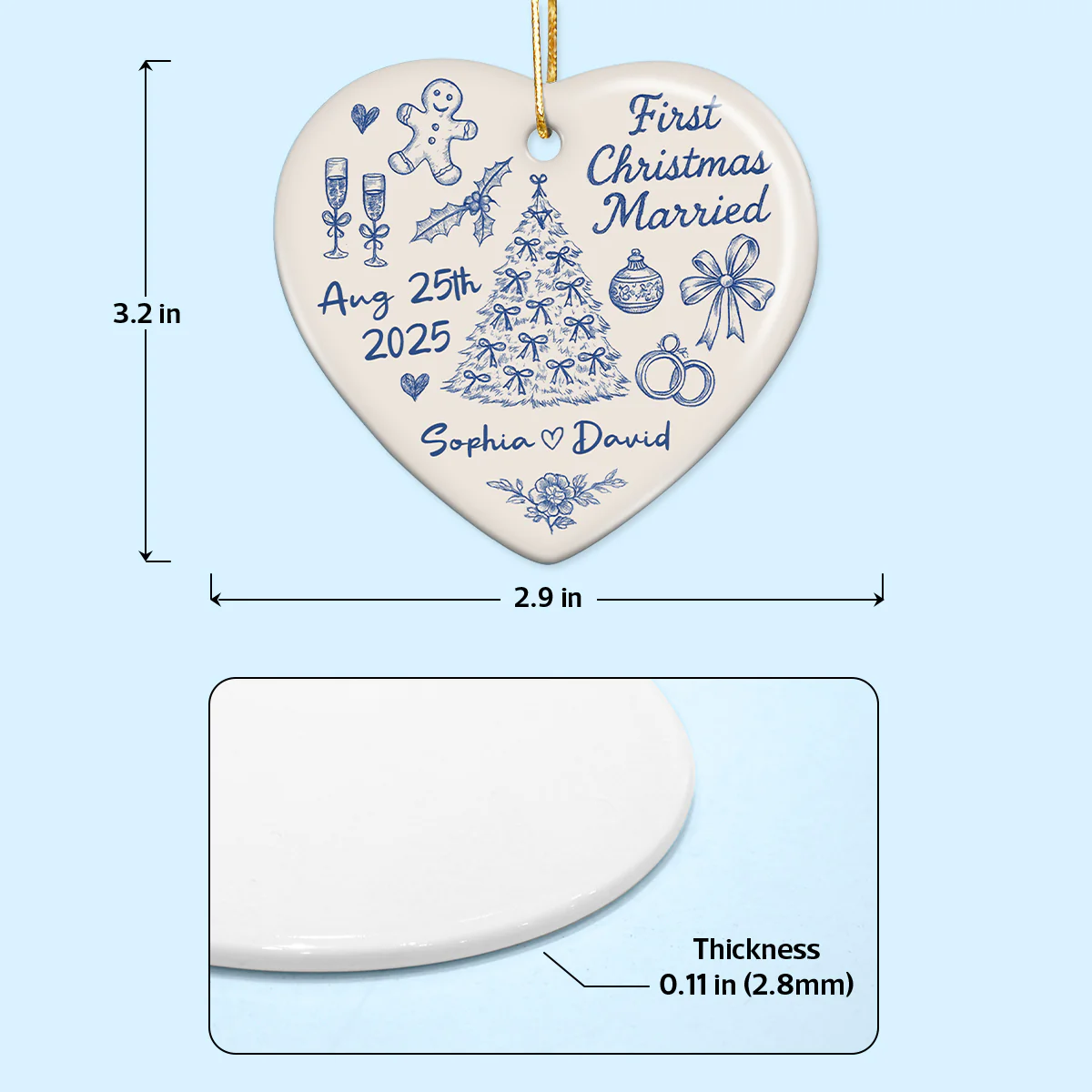 First Christmas Married Toile De Jouy Pattern - Personalized Ceramic Ornament - Christmas Gift For Him, For Her, For Couple - Image 9