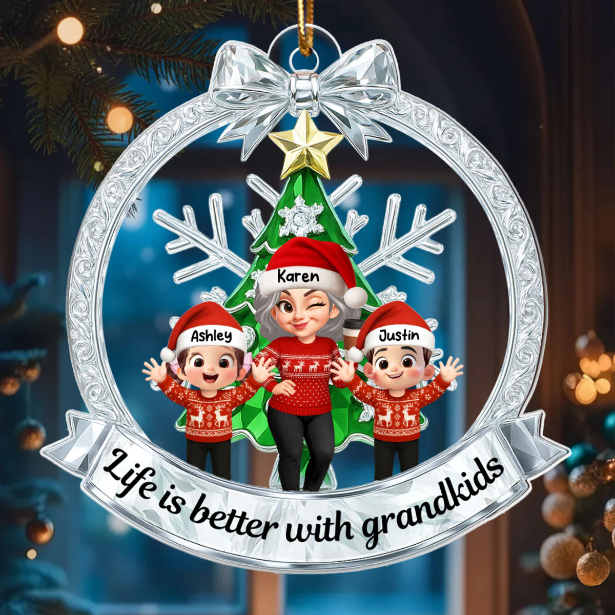 Grandma Grandkids Sitting on Christmas Wreath Metallic Effect - Personalized Acrylic Ornament - Christmas Gift for Grandma - Image 3