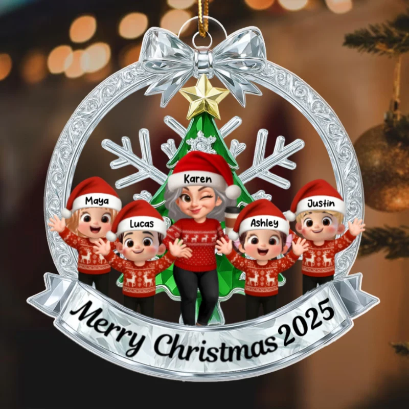 Grandma Grandkids Sitting on Christmas Wreath Metallic Effect - Personalized Acrylic Ornament - Christmas Gift for Grandma - Image 9