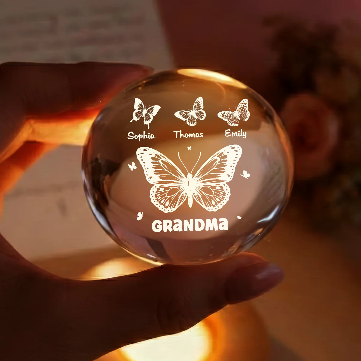 Grandma Mom Butterflies Custom Kids Names - Personalized Crystal Ball LED Night Light - Gift For Grandma, Mom - Image 6