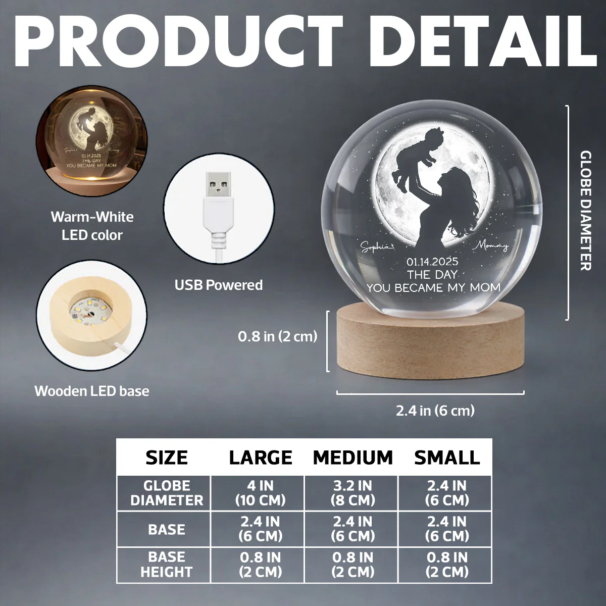 Mom Hugging Kid, The Day You Became My Mom Custom Moon Phase by Date - Personalized Crystal Ball LED Night Light - Mother's Day Gift for Mom - Image 11