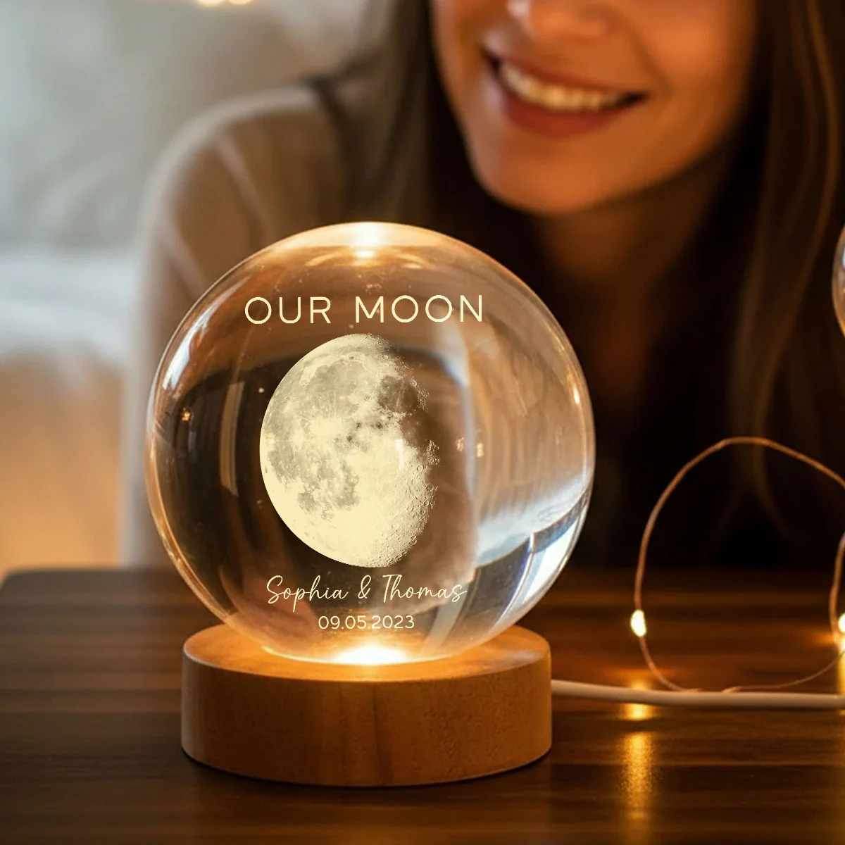 Our Moon Special Day Custom Moon Phase - Personalized Crystal Ball LED Night Light - Valentine's Day Gift For Couple - Image 3