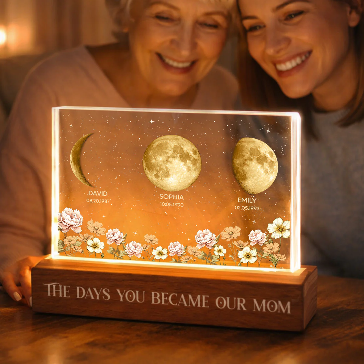 The Day You Became Our Mom Custom Moon Phase by Date - Personalized Acrylic Block LED Night Light, Custom Birth Flowers - Image 6